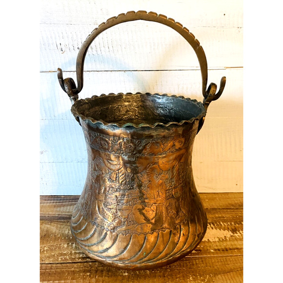 Antique Vintage Persian Copper Bucket Pot with Handle 13" Tall Top of Handle - Picture 1 of 13